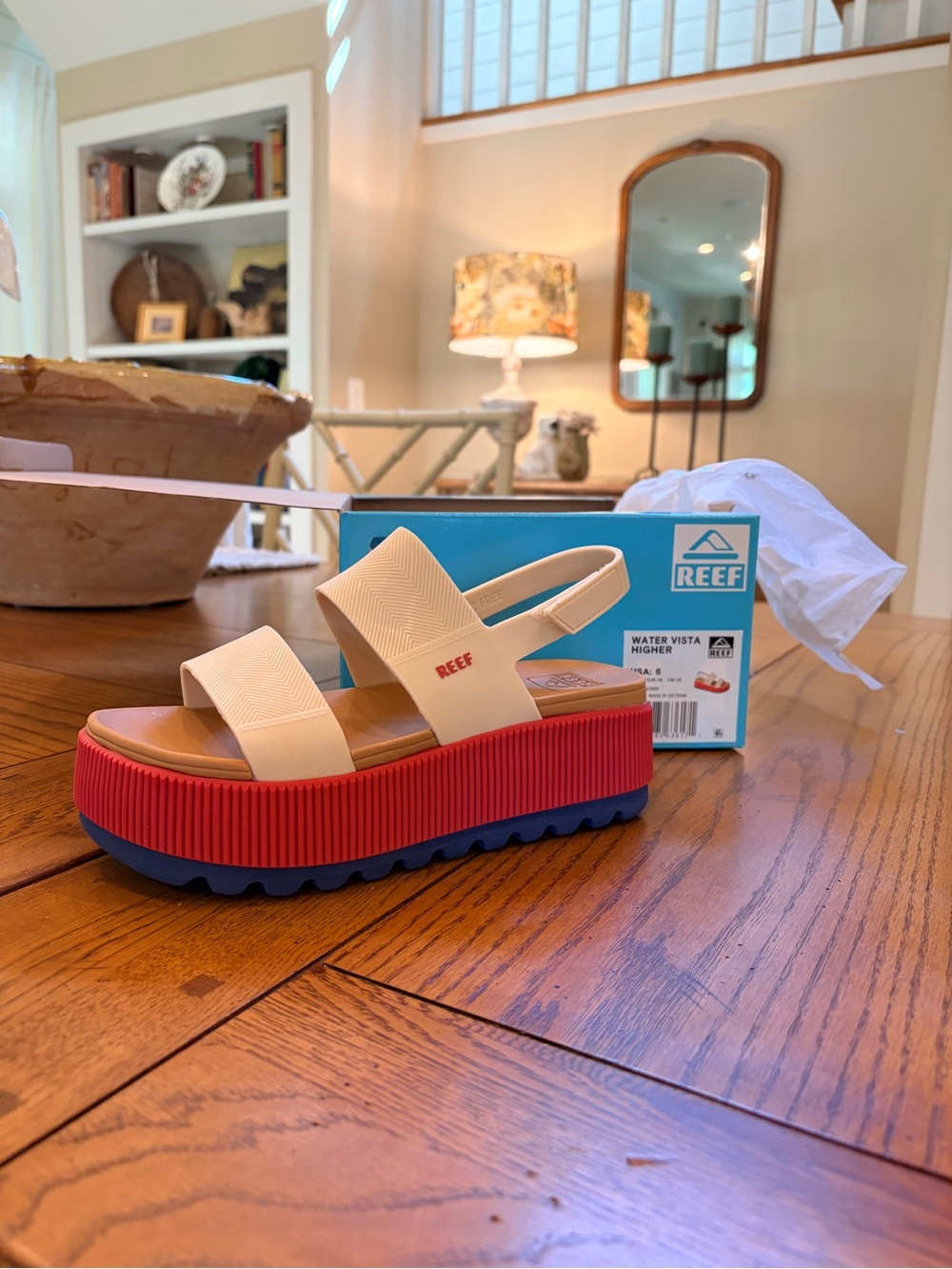 REEF WATER VISTA HIGHER S 6 FIRECRACKER Platform Sandal in Cream, Red & Blue